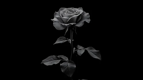 Single grayscale rose stands sharply against black background