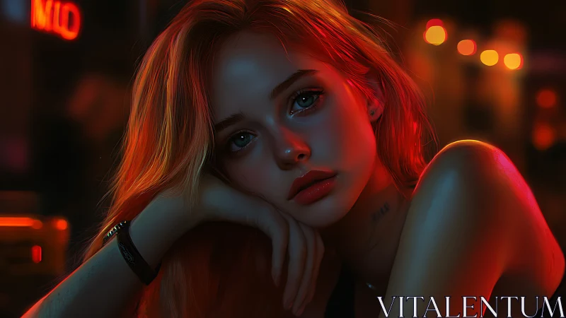 Softly lit girl resting in neon night café glow.