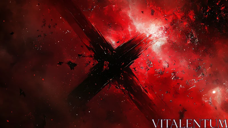 Black diagonal cross interrupts dense red nebular field