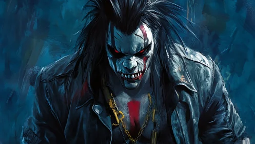 Blood-lit demon biker storms from electric midnight blue.