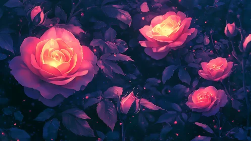 Neon roses glowing in darkness with ethereal luminescence.