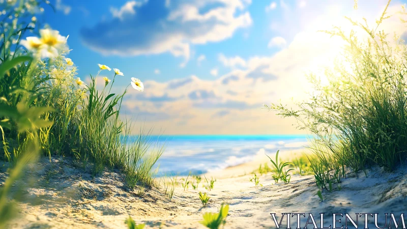 Sunlit coastal dunes with wildflowers beside calm sea.