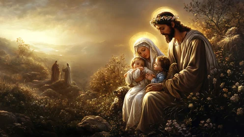 Holy family rests in radiant valley with distant pilgrims