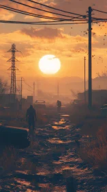 Sunset over ruined road with silhouettes and old cars.