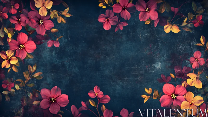 Vibrant Floral Border with Red and Gold Blooms Against Dark Blue.