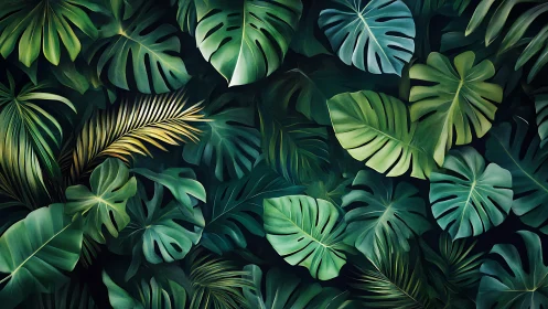 Tropical monstera leaves form layered emerald jungle canopy