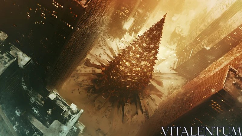 Soaring city Christmas tree beneath golden snowfall.