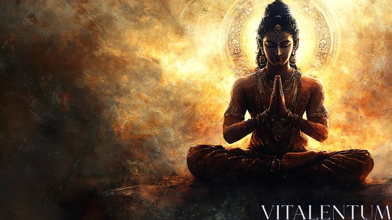 Radiant meditative deity in high-contrast luminous vortex field.