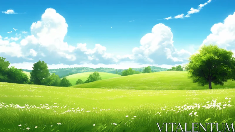 Sunlit rolling meadow with cumulus cloudbank under clear sky