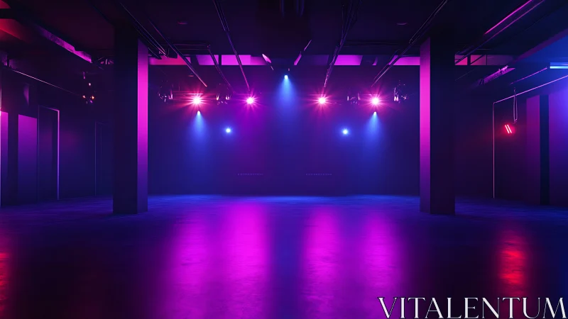 Neon-lit empty club floor glows with immersive magenta and blue