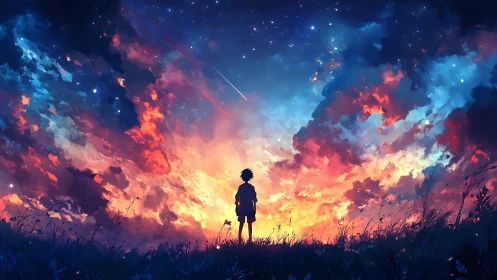 Silhouette of child under vivid fiery twilight sky.