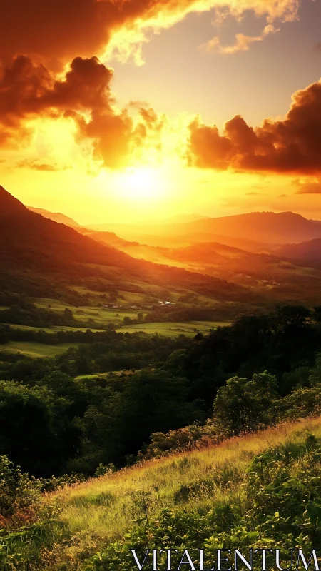 Sunset fire rolls over valleys while hills whisper in green