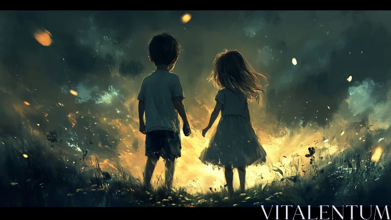 Two Children Hold Hands Through Apocalyptic Light.