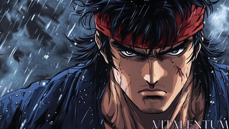 Rain-soaked anime warrior glares forward with intense resolve
