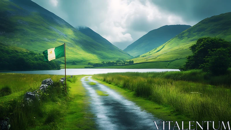 Emerald valley lane curling toward a misty lake horizon.