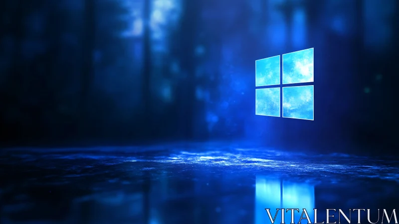 Luminescent Windows logo hovering in refractive blue void.
