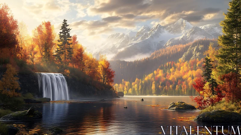 Golden autumn waterfall shimmers beneath misty alpine peaks