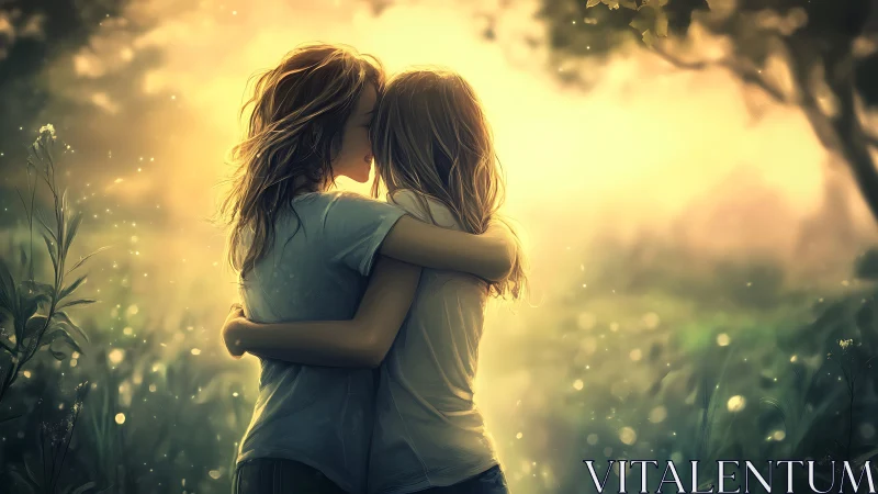Two girls embracing amid glowing particles and golden light