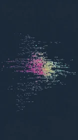 Neon pixel cloud over dark minimal background grid.