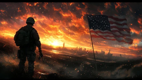 Soldier studies burning skyline beside tattered US flag.