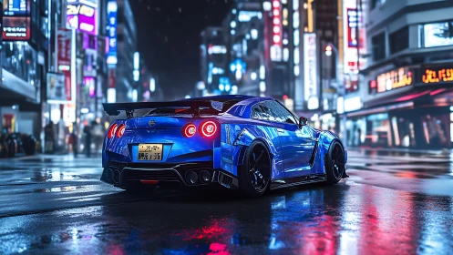 Blue modified sports car on wet neon lit urban street at night.