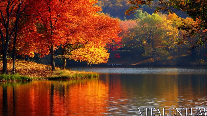 Autumnal deciduous canopy mirrored in laminar lakeside reflections.
