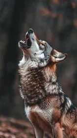 Howling gray wolf rises against soft blurred forest backdrop.