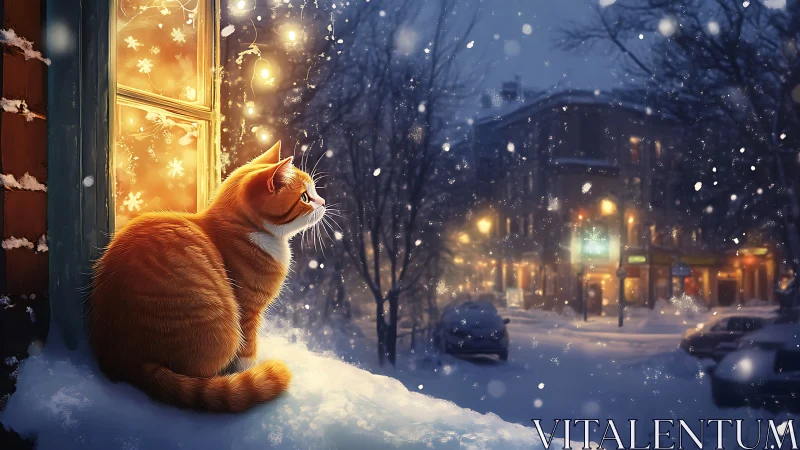 Ginger cat watching urban snowfall by warm lit window.