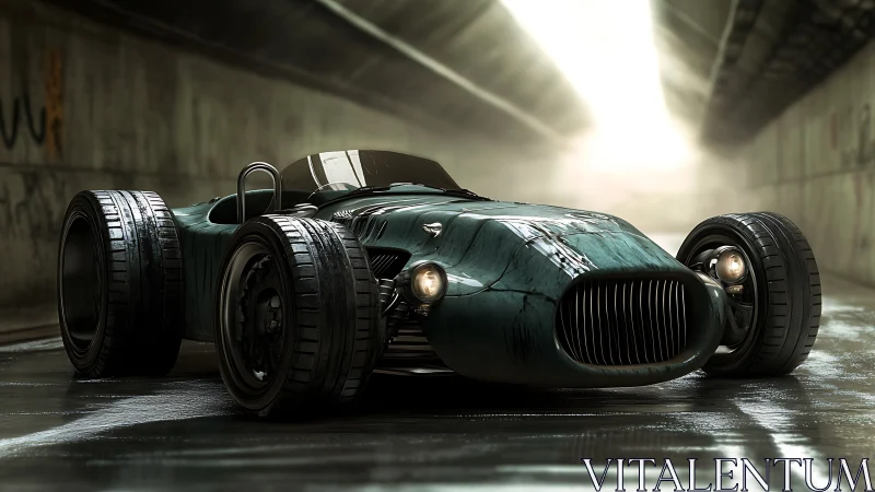 Futuristic teal race car rests in wet tunnel light