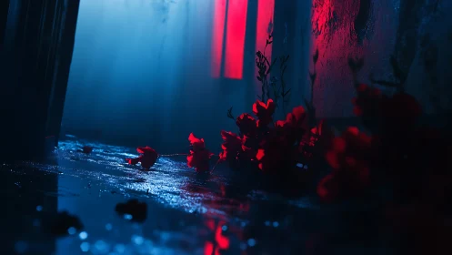 Crimson petals on wet concrete under neon corridor glow.