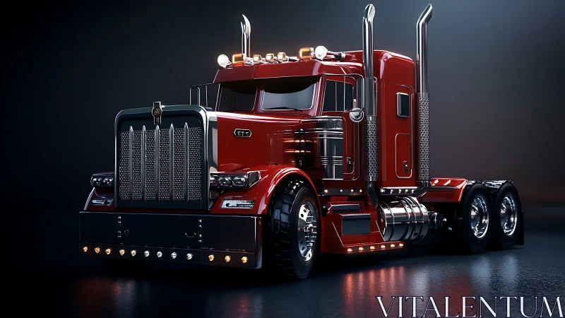 Chromed red semi truck renders under dramatic studio lighting