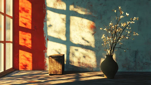 Sunlit blossoms and shadow geometry in a quiet corner.