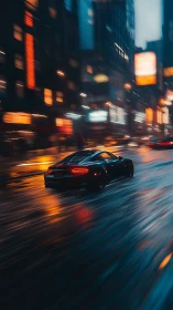 Sleek sports car accelerates through neon‑lit rainy avenue