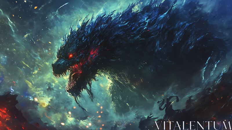 Cosmic kaiju silhouette erupts through luminous nebula storm.