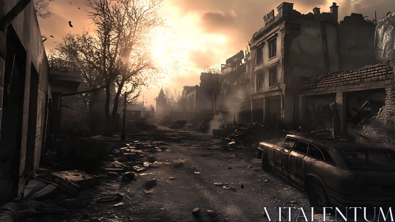 Urban street with war-damaged buildings at sunset.