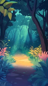 Mystical forest pathway with bioluminescent flora and mist