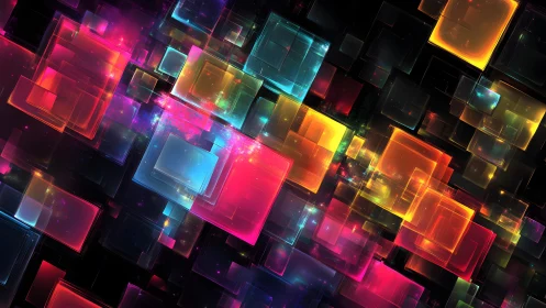 Vibrant Neon Squares Abstract Digital Art with Futuristic Glow.