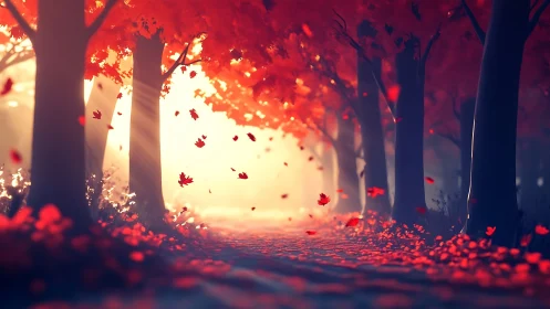Golden path through a glowing forest of drifting autumn leaves.