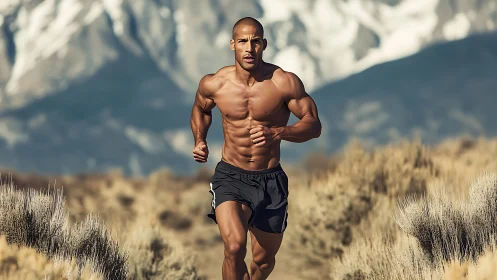 Muscular trail runner training on rugged mountain path.