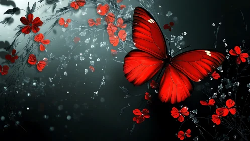 Red butterfly occupies central frame against dark floral field