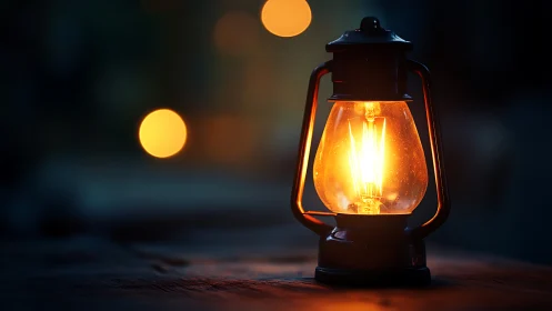 Incandescent Lantern with Bokeh Illumination Against Night.