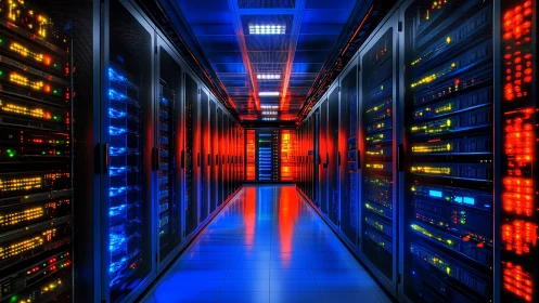High-density data center corridor with neon rack lighting.