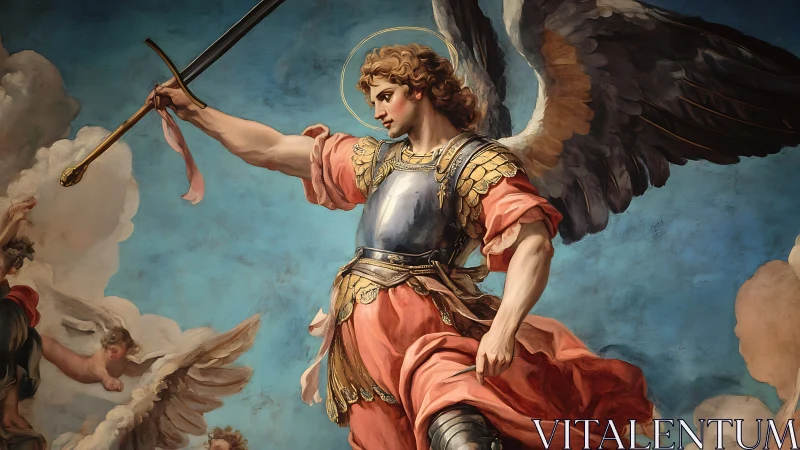 Winged armored figure with sword against clouded sky.