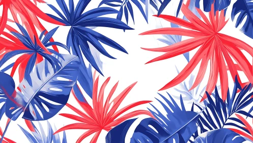 Tropical blue and coral leaves dancing across white space.
