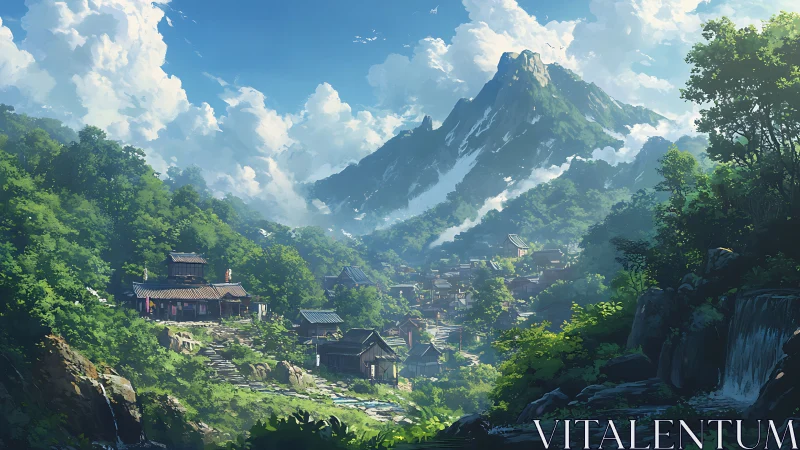 Mountain village panorama with lush forests and clear sky.