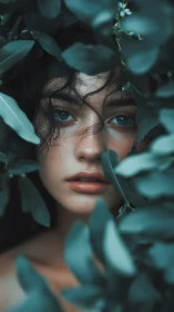 Portrait of woman framed by teal foliage, soft cinematic light.