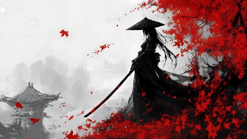 Silhouetted sword figure amid red foliage and distant pagoda.