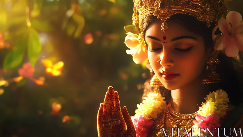 Portrait depicts ornate woman in traditional attire outdoors