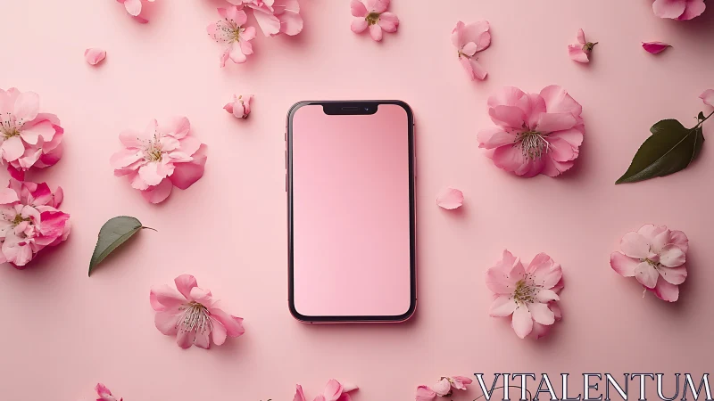 Smartphone with Monochromatic Pink Floral Arrangement Flatlay Composition.