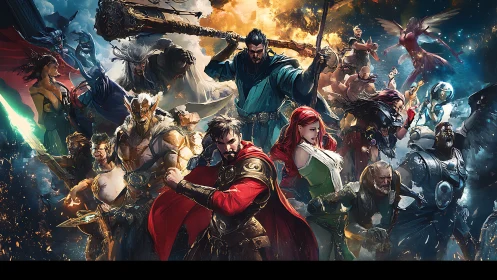 Crowded fantasy battle lineup shows diverse armored heroes